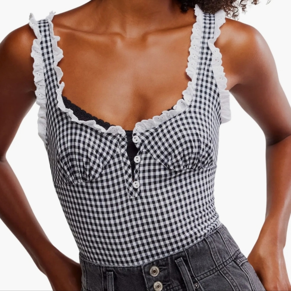☀️Free People Cassie Gingham Women's Smocked Bodysuit NWOT, Small